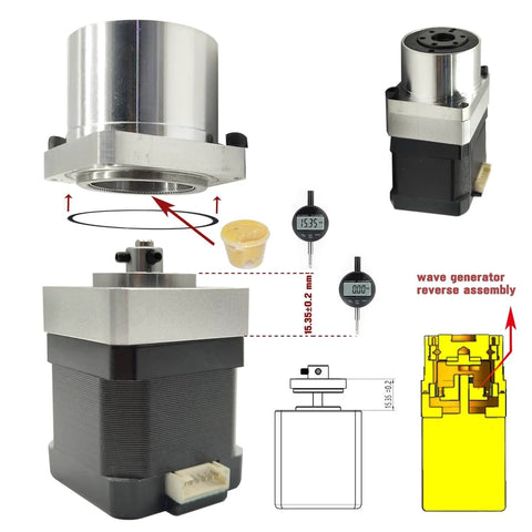 Harmonic Gear Drive Reducer Small Strain Wave Gearbox Gearbox 50:1 Rotary Reduction Actuator, Fits Nema 17 Stepper Motor (Flange Output), front and side view with measurements visible.