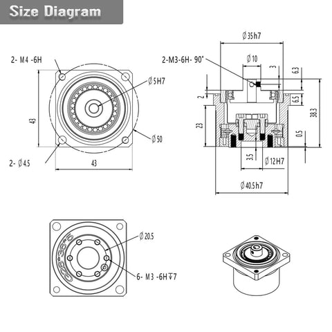 Technical diagram of Harmonic Gear Drive Reducer Small Strain Wave Gearbox Gearbox 50:1 Rotary Reduction Actuator, Fits Nema 17 Stepper Motor (Flange Output) showing dimensions and specifications.