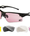 Harrier Interchangeable Shooting Glasses With 4 Lens Sets And Anti Fog Lenses showing black half-frame and four lens colors.