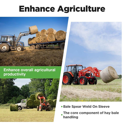Tractors using Two Pack Bale Spear Weld On Sleeves, 4.25 Inch Length, 1.96 Inch Outer Diameter for handling hay bales.