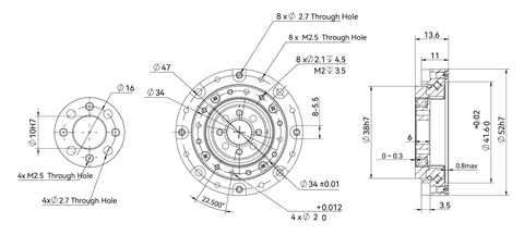 HD Mini-11 Strain Wave Gear Reducer, 52mm Harmonic Drive Gear Ratio 30:1 dimension diagram with specifications.