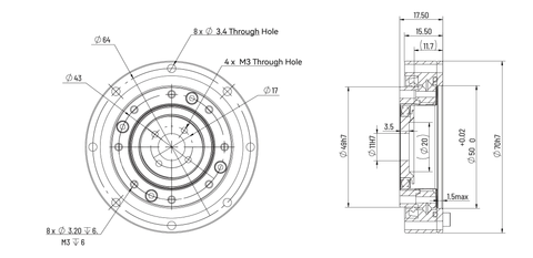 Diagram of HD Mini-14 Strain Wave Gear Reducer, 70mm Harmonic Drive Gear Ratio 30:1 with measurements.
