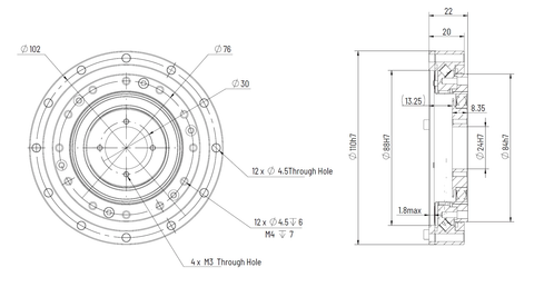 HD Mini-25 Strain Wave Gear Reducer, 110mm Harmonic Drive Gear Ratio 120:1 technical drawing and dimensions.