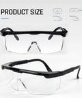 HD Anti Fog Safety Glasses Over Eyeglasses With Adjustable Frame For Protection, showing size dimensions and clear lenses