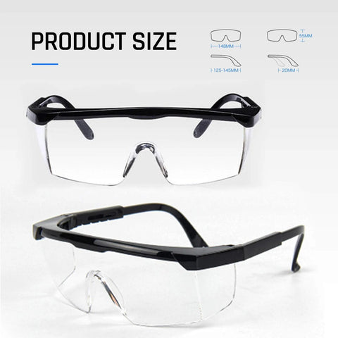 HD Anti Fog Safety Glasses Over Eyeglasses With Adjustable Frame For Protection, showing size dimensions and clear lenses