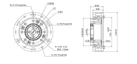 HD Mini-05 Strain Wave Gear Reducer, 25mm Harmonic Drive Gear Ratio 30:1 technical drawing with dimensions.