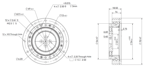 HD-14 Pro Strain Wave Gear Reducer, 70mm Harmonic Drive Gear Ratio 100:1 technical drawing with dimensions