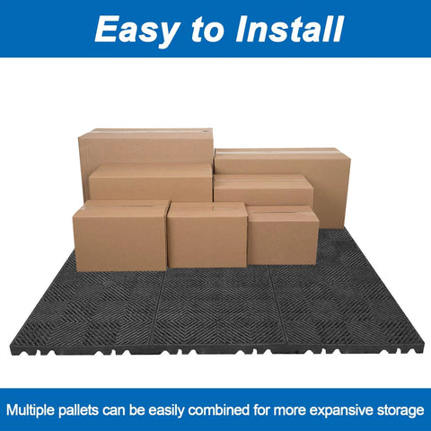 Lightweight HDPE Plastic Pallets Pack Of 6 Built Tough Moisture Proof Waterproof Floor Pallets With Breathable Grid Ventilation 11.8 X 23.6 X 1.18 Inches Indoor Outdoor Storage Pad For Garage Kitchen Basement displayed with boxes