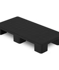 Industrial Grade Plastic Pallets HDPE Lightweight Waterproof Stackable For Indoor And Outdoor Use In Warehouses And Supermarkets 40 Inch By 20 Inch By 5.5 Inch With 6600 Lb Static Load Capacity And Zero Water Absorption By VigiFront, black pallet front view showing grid surface and slots for forklift.