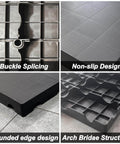 Six Piece Black Plastic Pallet Set With Interlocking Design for Easy Stacking, shown with buckle splicing and non-slip surface