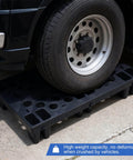 Nestable HDPE Plastic Pallet Set 6-pack under truck tire, showcasing durability with breathable grid design for versatile use.