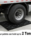 Truck wheel on Plastic Pallet Safety Storage Nestable Grid Pads Two Pack HDPE Non Slip Platform, supports up to 2 tons, 23.6x15.7x2 inches.