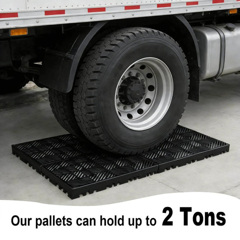 Truck wheel on Plastic Pallet Safety Storage Nestable Grid Pads Two Pack HDPE Non Slip Platform, supports up to 2 tons, 23.6x15.7x2 inches.