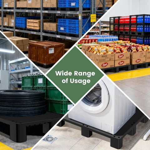Wide range of usage for Industrial Grade Plastic Pallets HDPE Lightweight Waterproof Stackable For Indoor And Outdoor Use In Warehouses And Supermarkets 40 Inch By 20 Inch By 5.5 Inch With 6600 Lb Static Load Capacity And Zero Water Absorption By VigiFront, shown in various settings.