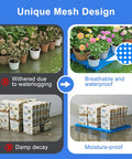 Six Pack Interlocking HDPE Plastic Pallets For Basement Storage with plants on ventilated blue pallets demonstrating drainage
