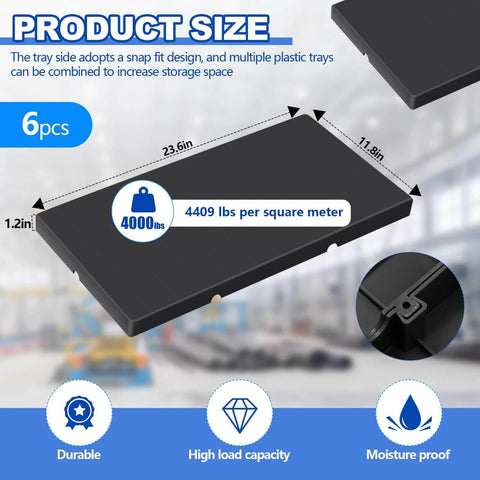 Six Pack HDPE Plastic Pallets Waterproof Storage Pads for Racks and Shelves, 24 x 12 x 1 in, 4000 lb capacity, black