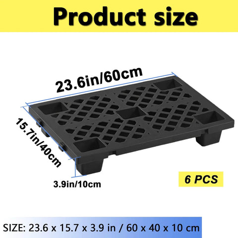 Six Pack Plastic Pallets for Basement Storage Lightweight Waterproof Floor Pallets with Interlocking Breathable Grids, size 60cm x 40cm x 10cm.
