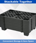 Stacked Eight Pack Plastic Pallets 23.6 Inch By 15.7 Inch By 3.9 Inch Thick Heavy Duty HDPE Floor Pallets for storage, black.