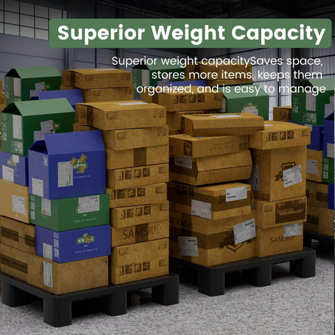 Stacks of cardboard boxes on industrial grade plastic pallets HDPE lightweight waterproof stackable for indoor and outdoor use z