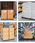 Eight Pack Plastic Pallets 23.6 Inch By 15.7 Inch By 3.9 Inch Thick Heavy Duty HDPE Floor Pallets For Basement Storage Waterproof Interlocking Storage Pads With Breathable Grids For Garage And Supermarket Use. Shown supporting various goods in warehouse and supermarket settings.