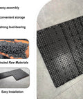 Six Pack Black Plastic Pallets With Ventilation Grid, 11.8 By 23.6 By 1.18 Inches displayed on a gray floor.