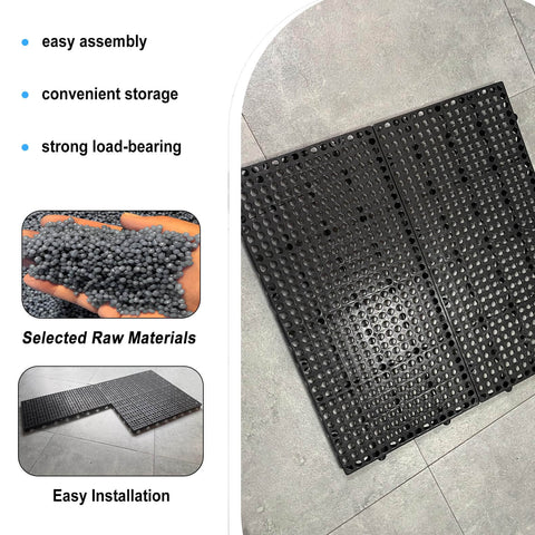 Six Pack Black Plastic Pallets With Ventilation Grid, 11.8 By 23.6 By 1.18 Inches displayed on a gray floor.