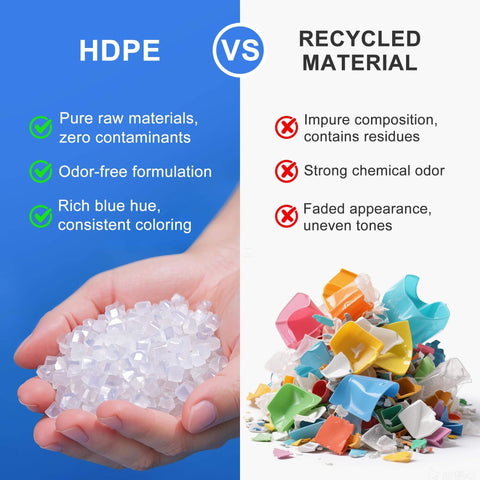 Comparison of HDPE vs recycled material, showing pure HDPE pellets in hand and mixed recycled pieces, highlighting differences in quality.