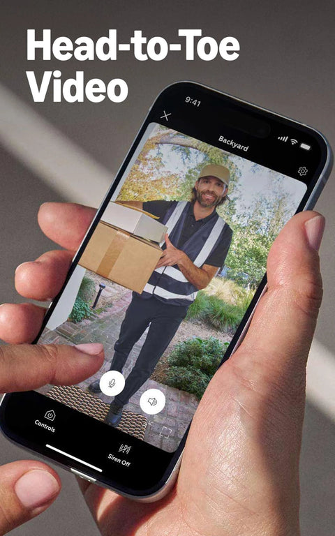 Battery Doorbell With Head To Toe Video For Home Or Business in use, showing head-to-toe video of a delivery person on a smartphone.