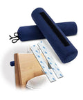 Headboard Bumper Stoppers For Wall Protection And Chill Sleep pack of 2 with 3M tape, blue fabric, shown with bed and wall.