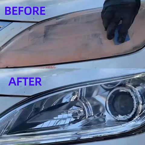 High-purity cerium oxide glass polishing powder application on car headlight showing before and after scratch removal results