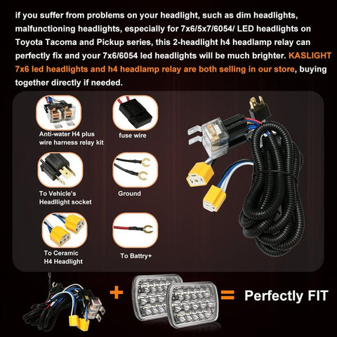 Two Headlight Wiring Harness Kit With H4 Relay For 9003 6054 H6054 LED Headlights, LED Connector Socket Kit For Toyota Tacoma, shown with components and installation diagram.