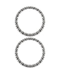 Two metal circular retainers with 22 ball bearings each from the Beefy Premium One And One Eighth Inch Headset Bearings Kit displayed vertically.