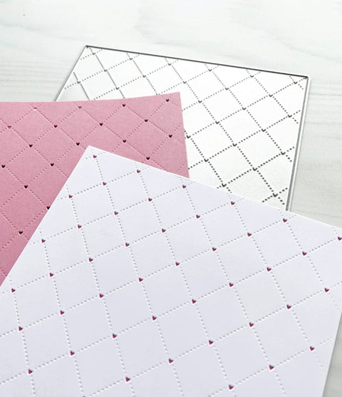 Heart Hole Rectangular Metal Die Cuts For DIY Scrapbooking And Card Making, Rhombus Hole Background Cutting Dies Stencils, Silver Carbon Steel Embossing Dies 14x11 cm displayed with embossed pink and white papers