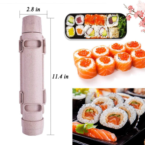 Heart Shaped Sushi Roller For DIY Sushi Making Kit by Thanice with food grade plastic mold beside sushi rolls.