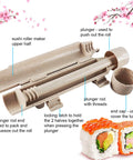 Heart Shaped Sushi Roller For DIY Sushi Making Kit By Thanice showing parts like plunger, roller, and end cap next to sushi rolls