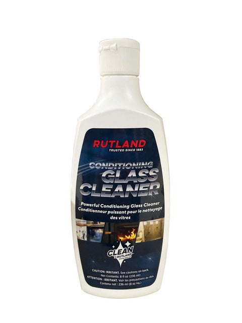 Front view of Rutland Conditioning Glass Cleaner 8 oz bottle for fireplaces and wood stoves cleaning.