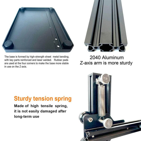 Vertical Heat Pressing Machine components, including 2040 aluminum Z-axis, sturdy tension spring, and base with anti-slip foot pads.
