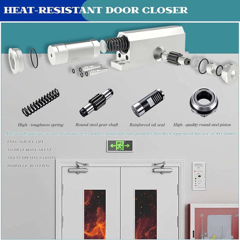 Components of Heavy Duty Automatic Door Closer With Smooth Soft Close And No Slam Hydraulic Mechanism on display.