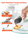 Pouring coffee onto heat-resistant 20 Inch Glass Lazy Susan Turntable with additional features highlighted.