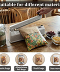 Impulse sealer sealing bag of mixed vegetables, compatible with plastic, foil, kraft, and non-woven bags.