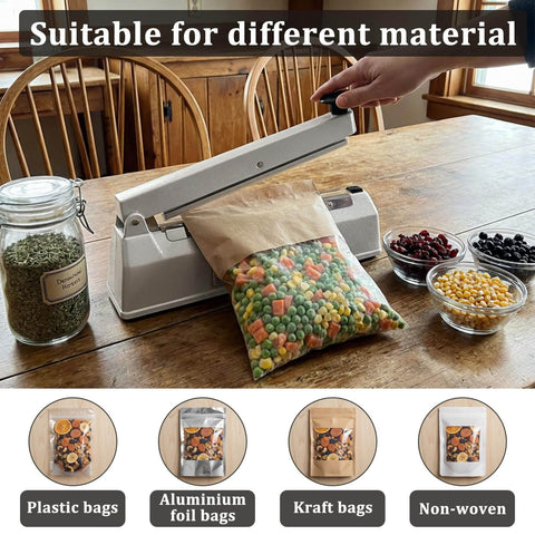 Impulse sealer sealing bag of mixed vegetables, compatible with plastic, foil, kraft, and non-woven bags.