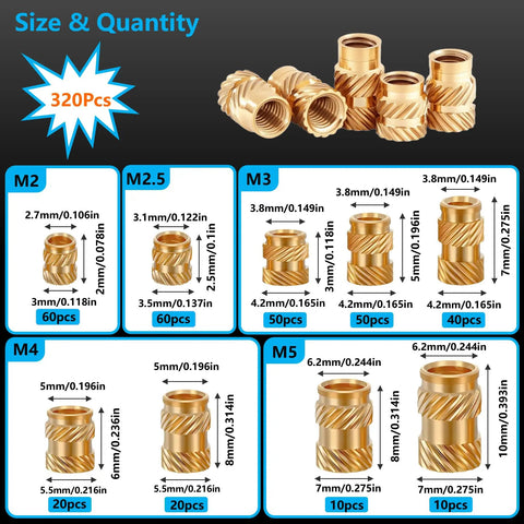 Image displaying size and quantity of All-In-One Heat Set Brass Threaded Inserts Kit For 3D Printing And Plastic Projects Includes M2 M2.5 M3 M4 M5 Knurled Nuts 320 Plus 6-Piece Premium Brass Inserts With Extended Tip Heat Set Tool For DIY Makers And Pros, showing various brass inserts.