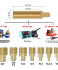 Heat Set Insert Tool with M2 to M8 tips, dimensions, compatible soldering iron models, for plastic and 3D printing components.