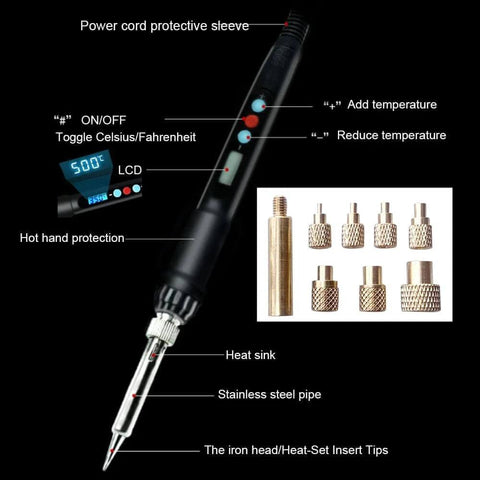 Vertical Heat Pressing Machine with Heat Set Insert Tip, display of brass inserts for 3D printing, knurled nut sizes M2 to M8.