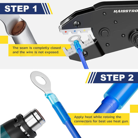 Step-by-step process of using 620 Piece Marine Grade Heat Shrink Wire Butt Connectors Kit for 22-10 AWG tinned red copper.