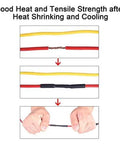 Installation of UL Listed 225 Pcs Heat Shrink Tubing Kit with Length Three Point Four Five Inches Three To One Shrink Ratio Eight Sizes Marine Grade Adhesive Lined Waterproof Oil Proof Insulation Sealing Wear Resistant Black on wires showing before and after results.
