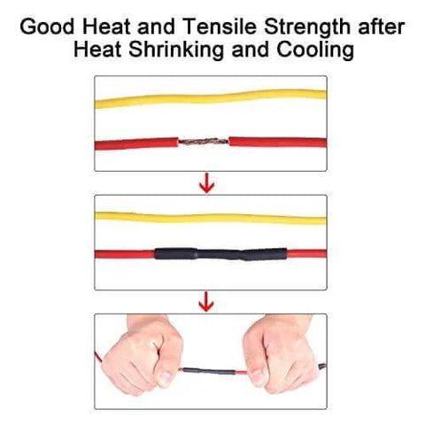 Installation of UL Listed 225 Pcs Heat Shrink Tubing Kit with Length Three Point Four Five Inches Three To One Shrink Ratio Eight Sizes Marine Grade Adhesive Lined Waterproof Oil Proof Insulation Sealing Wear Resistant Black on wires showing before and after results.