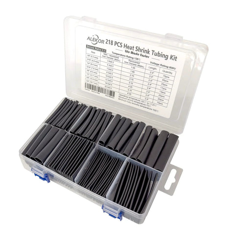 Heat Shrink Tubing Kit With 218 Pieces And Eight Sizes From One Eighth Inch To Three Quarters Inch 2.4 Inch Pre Cut Tubes Three To One Shrinkage Industrial Marine Grade Waterproof Comes In Sturdy Organizer For Easy Storage And Fast Electrical Fixes in a clear case