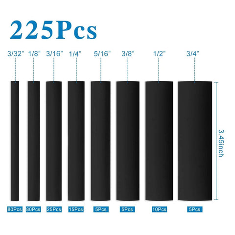 UL Listed 225 Pcs Heat Shrink Tubing Kit with Length Three Point Four Five Inches Three To One Shrink Ratio Eight Sizes