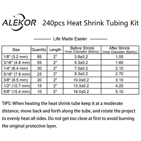Chart of the Heat Shrink Tubing Kit With Adhesive Lined 3 To 1 Shrink Ratio For Marine Grade Industrial Use 240 Piece Set